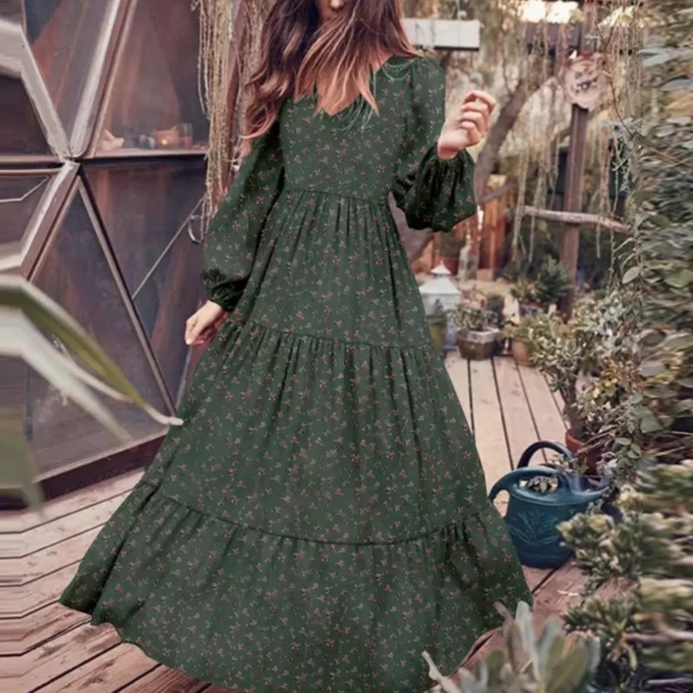 Green Prairie Long Sleeve Floral Bohemian Boho Maxi Flowy V neck Boho dress